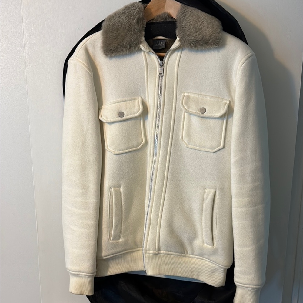 A/X Armani Exchange Cream Bomber Jacket with Faux Fur Collar